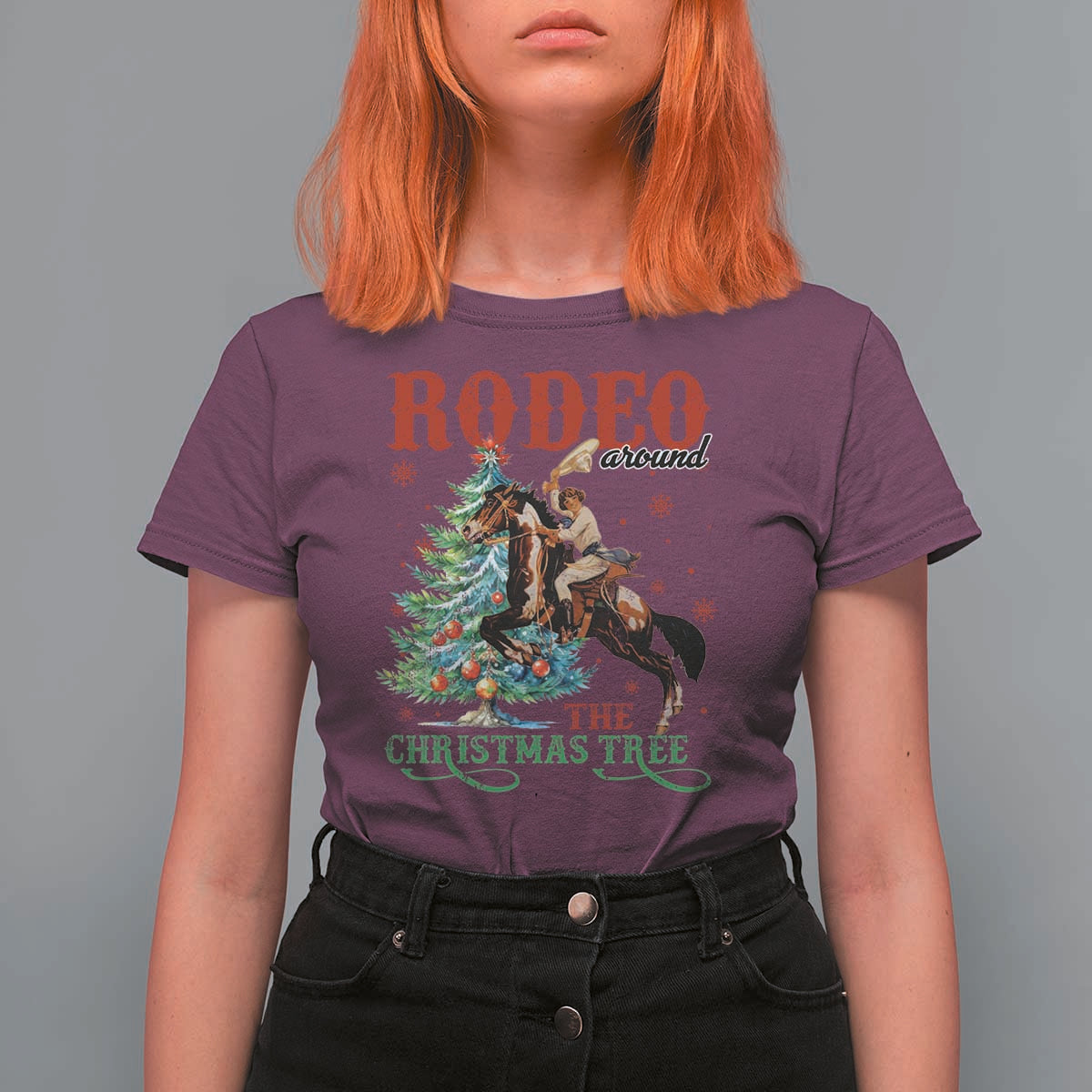 Western Christmas T Shirt For Women Rodeo Around The Christmas Tree Cowgirl - Wonder Print Shop