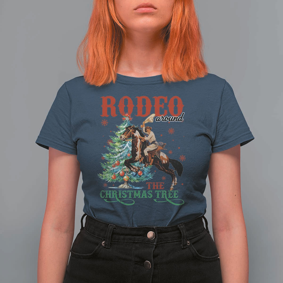 Western Christmas T Shirt For Women Rodeo Around The Christmas Tree Cowgirl - Wonder Print Shop