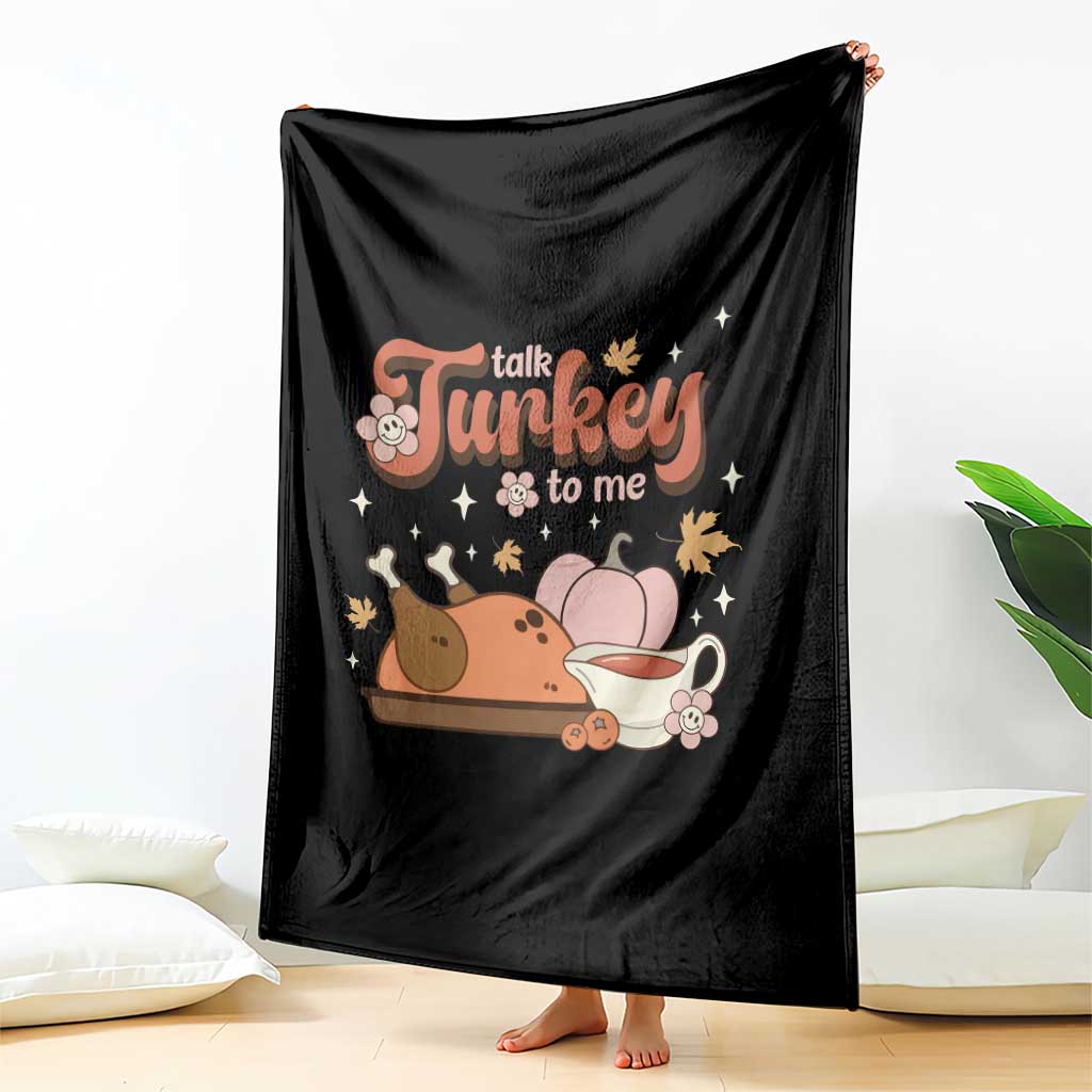 Funny Retro Thanksgiving Throw Blanket Talk Turkey To Me Fall Season Family Matching - Wonder Print Shop