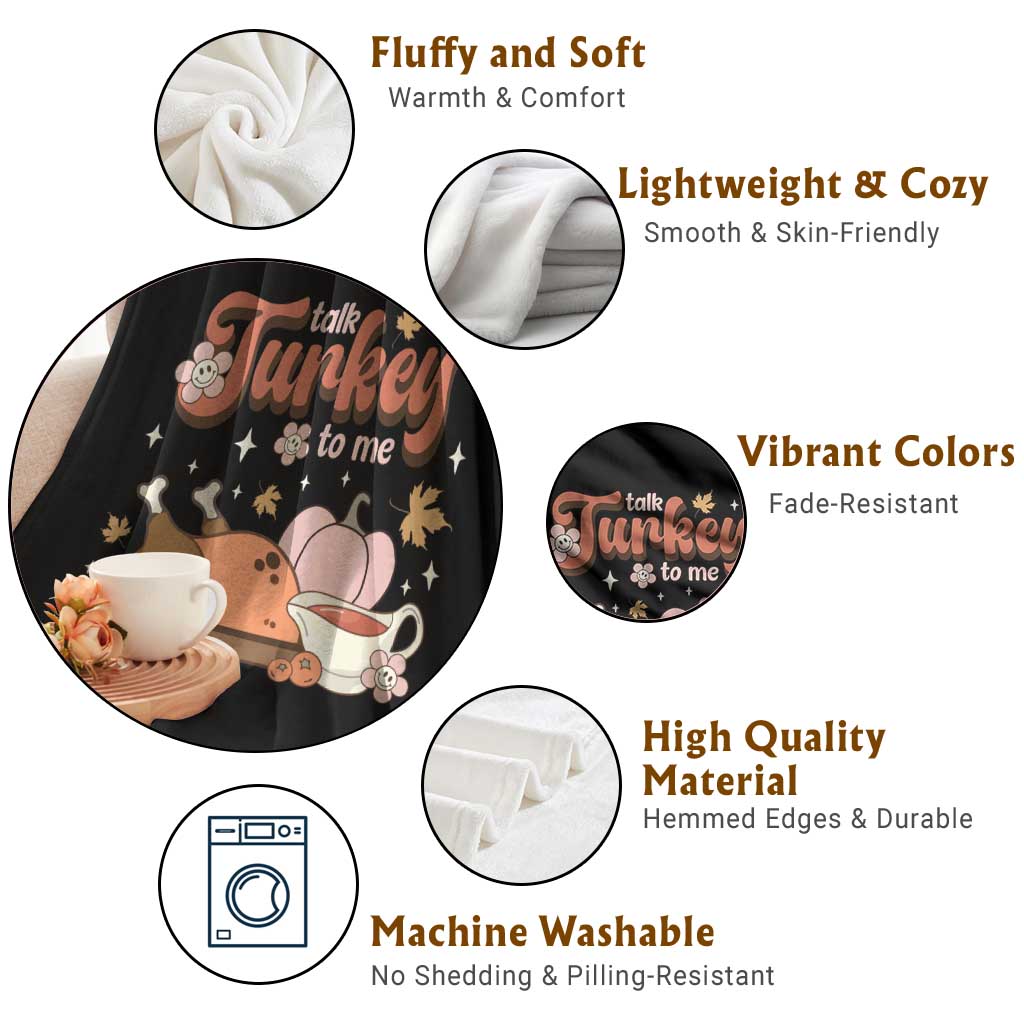 Funny Retro Thanksgiving Throw Blanket Talk Turkey To Me Fall Season Family Matching - Wonder Print Shop