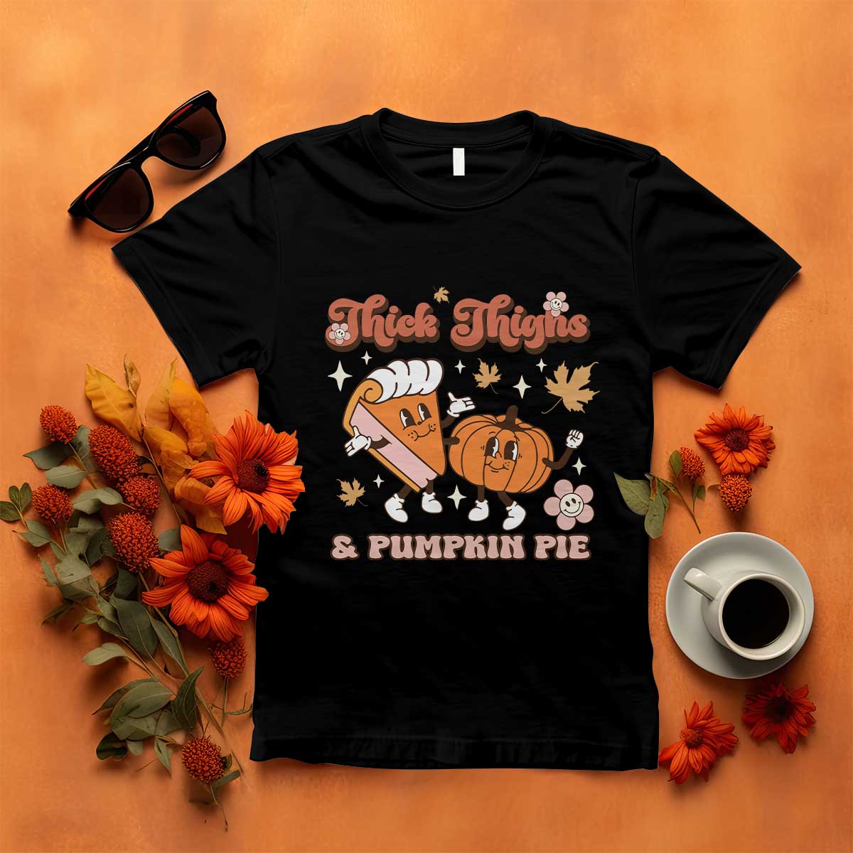 Funny Retro Thanksgiving T Shirt Thick Thighs And Pumpkin Pie Fall Season Family Matching - Wonder Print Shop