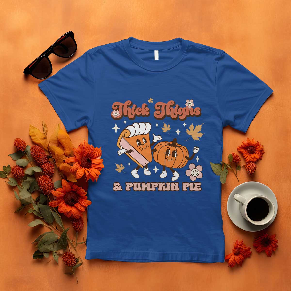 Funny Retro Thanksgiving T Shirt Thick Thighs And Pumpkin Pie Fall Season Family Matching - Wonder Print Shop