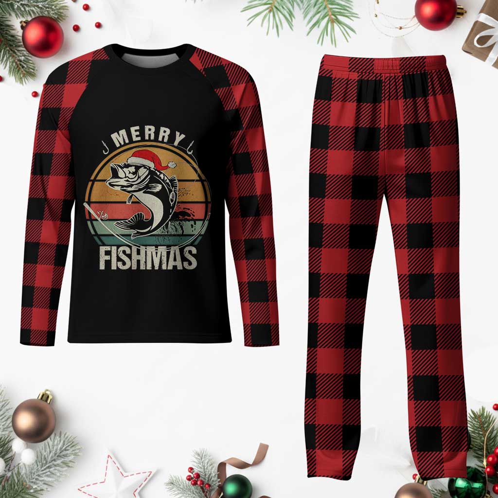 Funny Xmas Fishing Plaid Pajama Set Merry Fishmas Vintage Sunset Retro - Wonder Print Shop