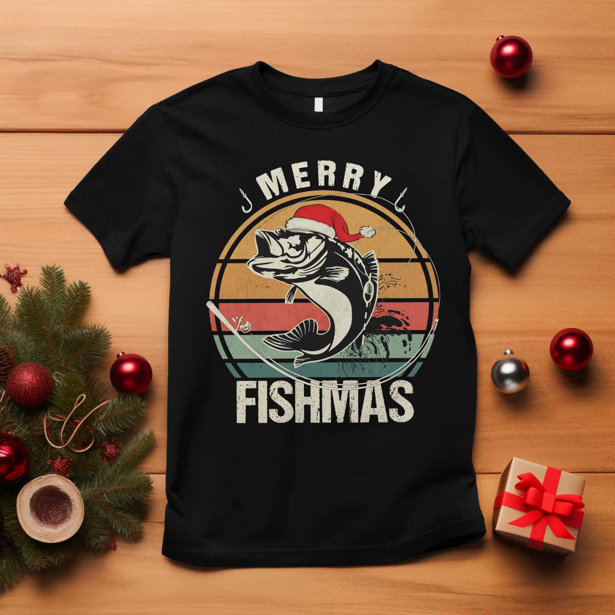 Funny Christmas Fishing T Shirt Merry Fishmas Vintage Sunset Retro - Wonder Print Shop