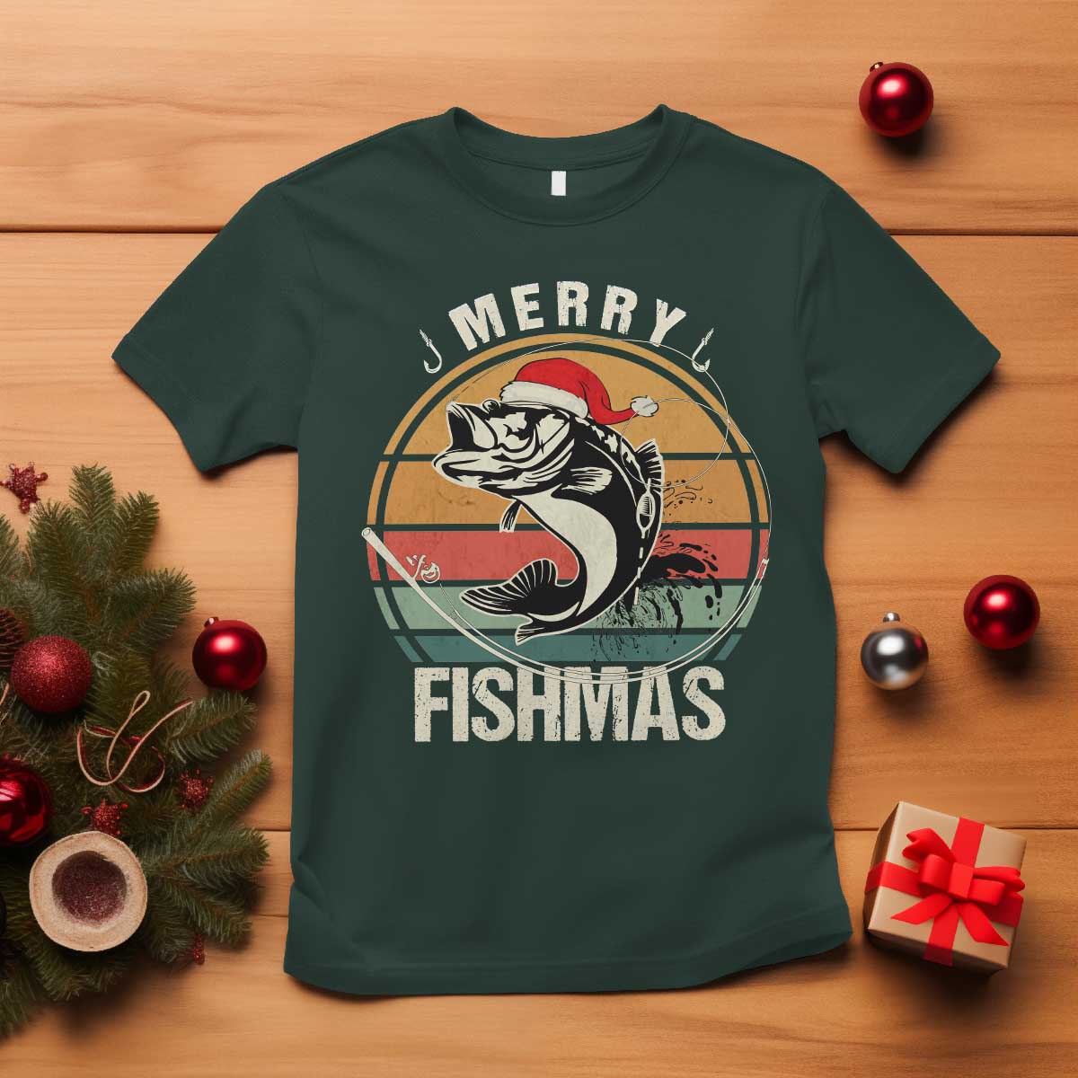 Funny Christmas Fishing T Shirt Merry Fishmas Vintage Sunset Retro - Wonder Print Shop