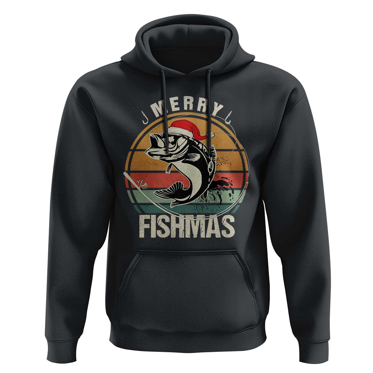 Funny Christmas Fishing Hoodie Merry Fishmas Vintage Sunset Retro