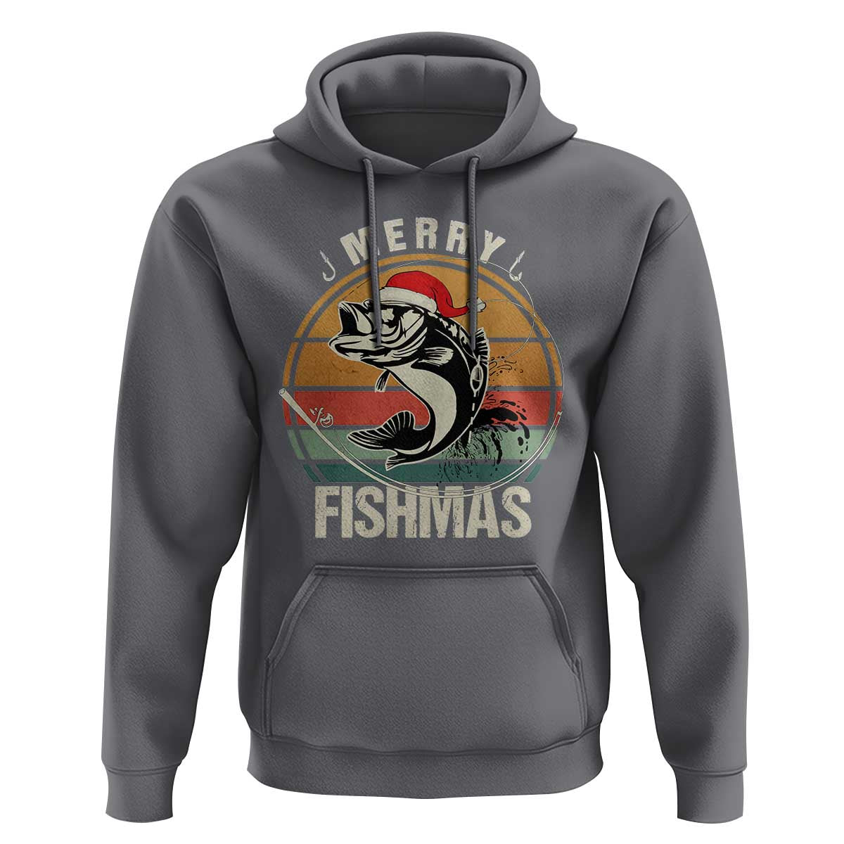 Funny Christmas Fishing Hoodie Merry Fishmas Vintage Sunset Retro
