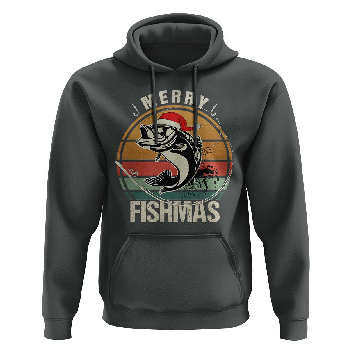 Funny Christmas Fishing Hoodie Merry Fishmas Vintage Sunset Retro