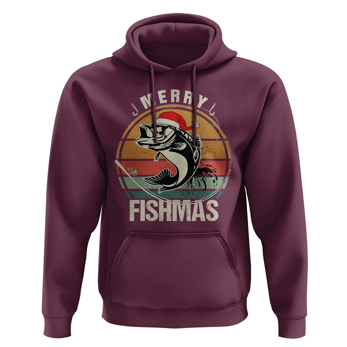 Funny Christmas Fishing Hoodie Merry Fishmas Vintage Sunset Retro