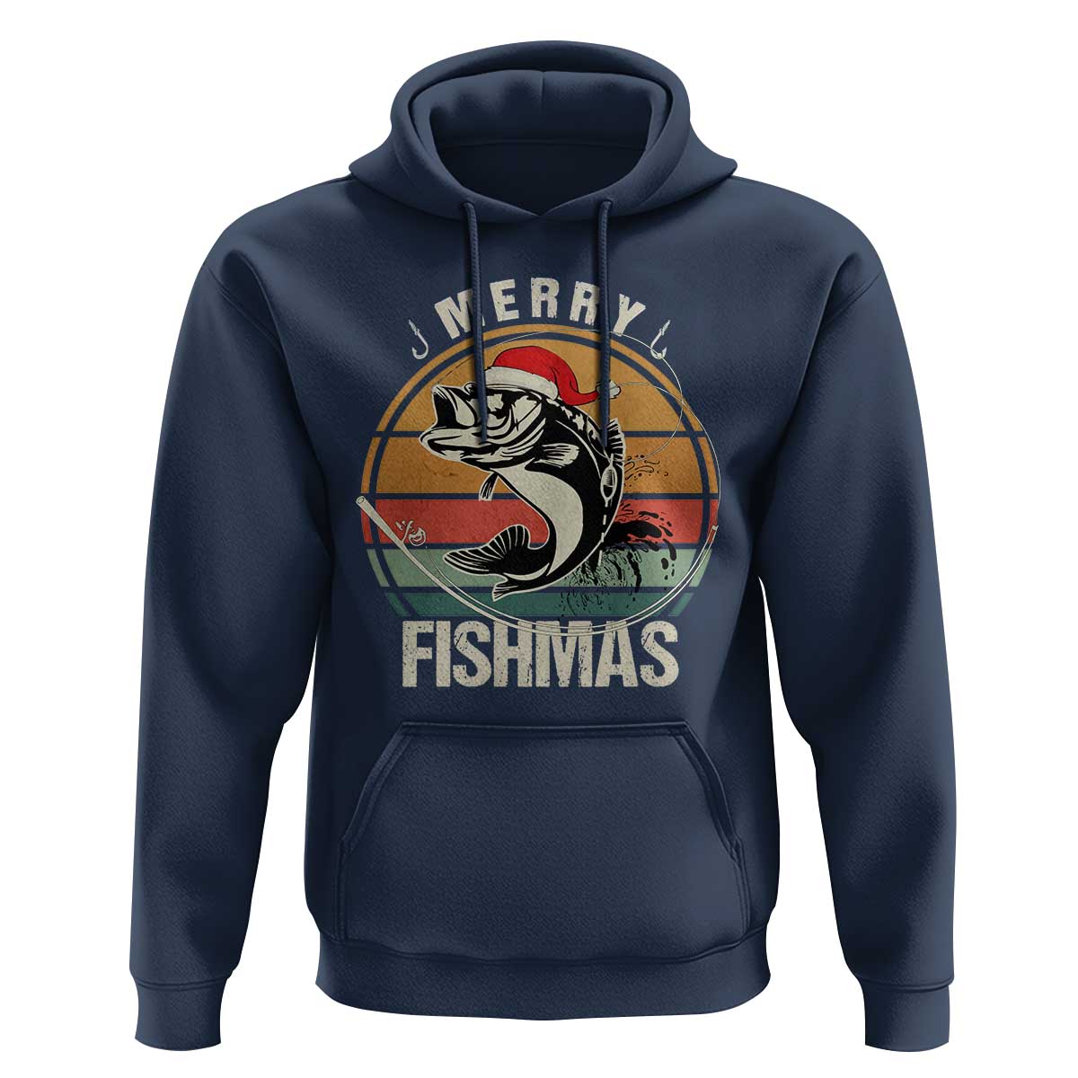 Funny Christmas Fishing Hoodie Merry Fishmas Vintage Sunset Retro