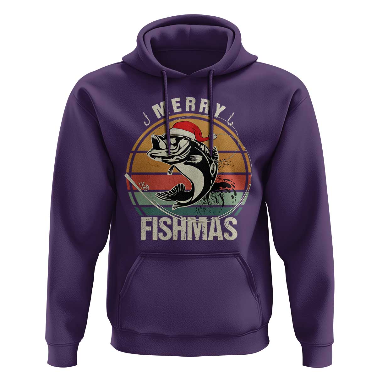 Funny Christmas Fishing Hoodie Merry Fishmas Vintage Sunset Retro