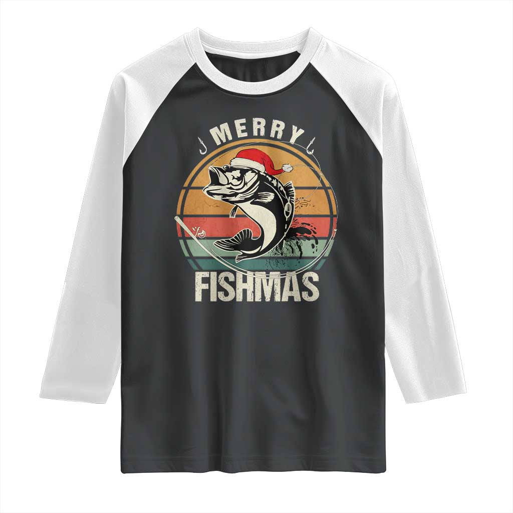 Funny Christmas Fishing Raglan Shirt Merry Fishmas Vintage Sunset Retro - Wonder Print Shop