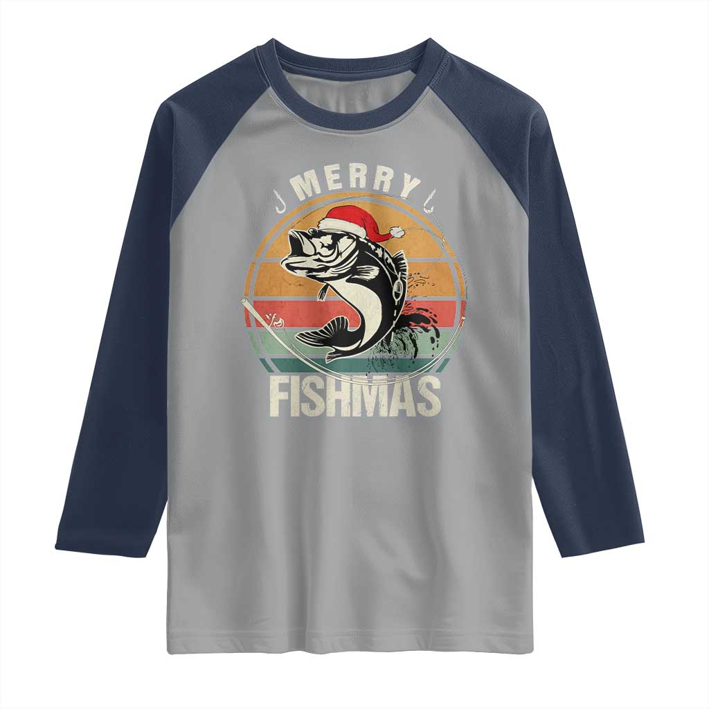 Funny Christmas Fishing Raglan Shirt Merry Fishmas Vintage Sunset Retro - Wonder Print Shop