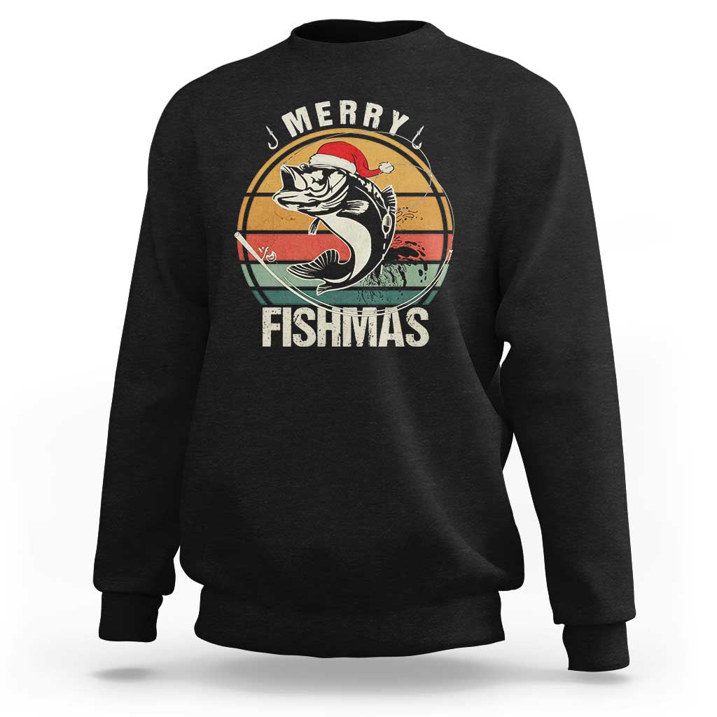 Funny Christmas Fishing Sweatshirt Merry Fishmas Vintage Sunset Retro - Wonder Print Shop