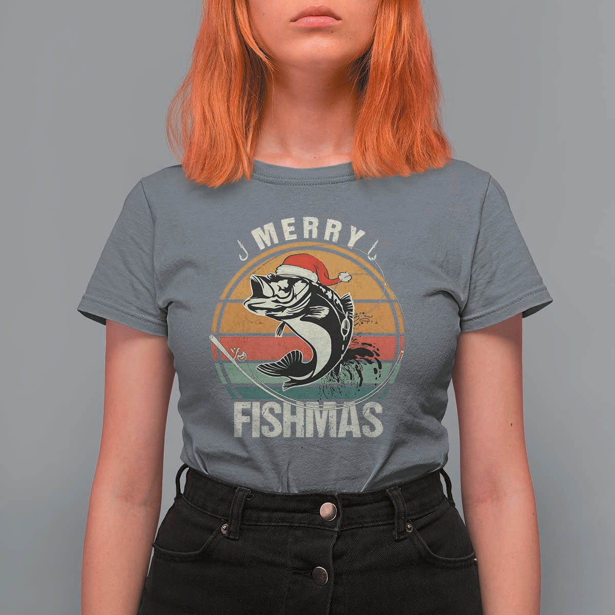 Funny Christmas Fishing T Shirt For Women Merry Fishmas Vintage Sunset Retro - Wonder Print Shop