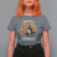 Funny Christmas Fishing T Shirt For Women Merry Fishmas Vintage Sunset Retro - Wonder Print Shop