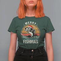Funny Christmas Fishing T Shirt For Women Merry Fishmas Vintage Sunset Retro - Wonder Print Shop