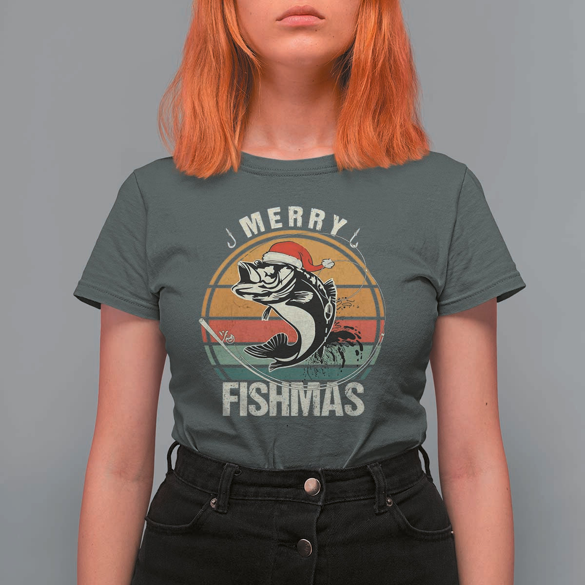 Funny Christmas Fishing T Shirt For Women Merry Fishmas Vintage Sunset Retro - Wonder Print Shop