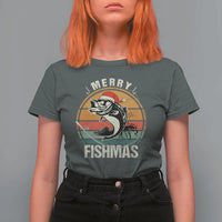 Funny Christmas Fishing T Shirt For Women Merry Fishmas Vintage Sunset Retro - Wonder Print Shop