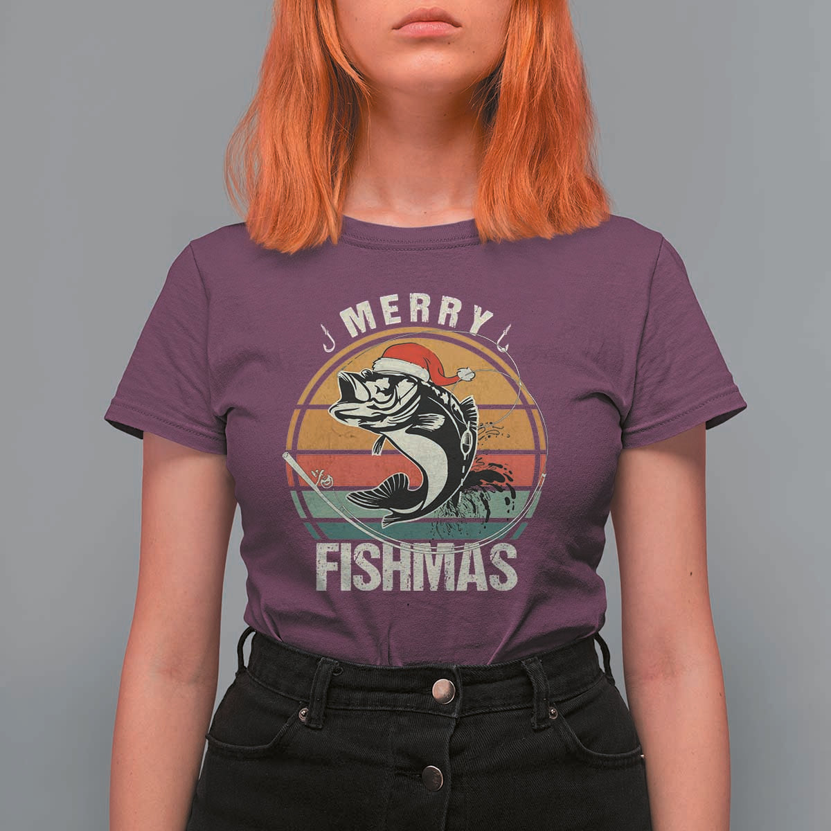 Funny Christmas Fishing T Shirt For Women Merry Fishmas Vintage Sunset Retro - Wonder Print Shop