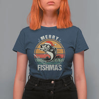 Funny Christmas Fishing T Shirt For Women Merry Fishmas Vintage Sunset Retro - Wonder Print Shop