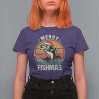 Funny Christmas Fishing T Shirt For Women Merry Fishmas Vintage Sunset Retro - Wonder Print Shop