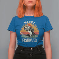 Funny Christmas Fishing T Shirt For Women Merry Fishmas Vintage Sunset Retro - Wonder Print Shop