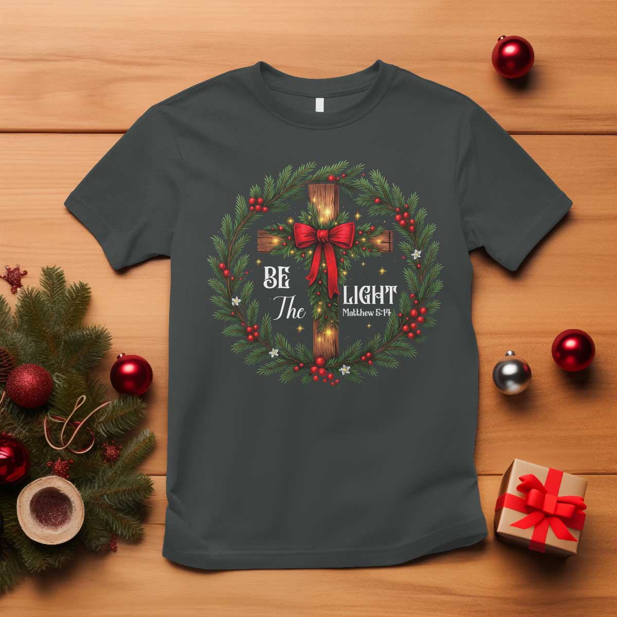 Christmas Be The Light T Shirt Christian Xmas Holiday Wreath Cross - Wonder Print Shop