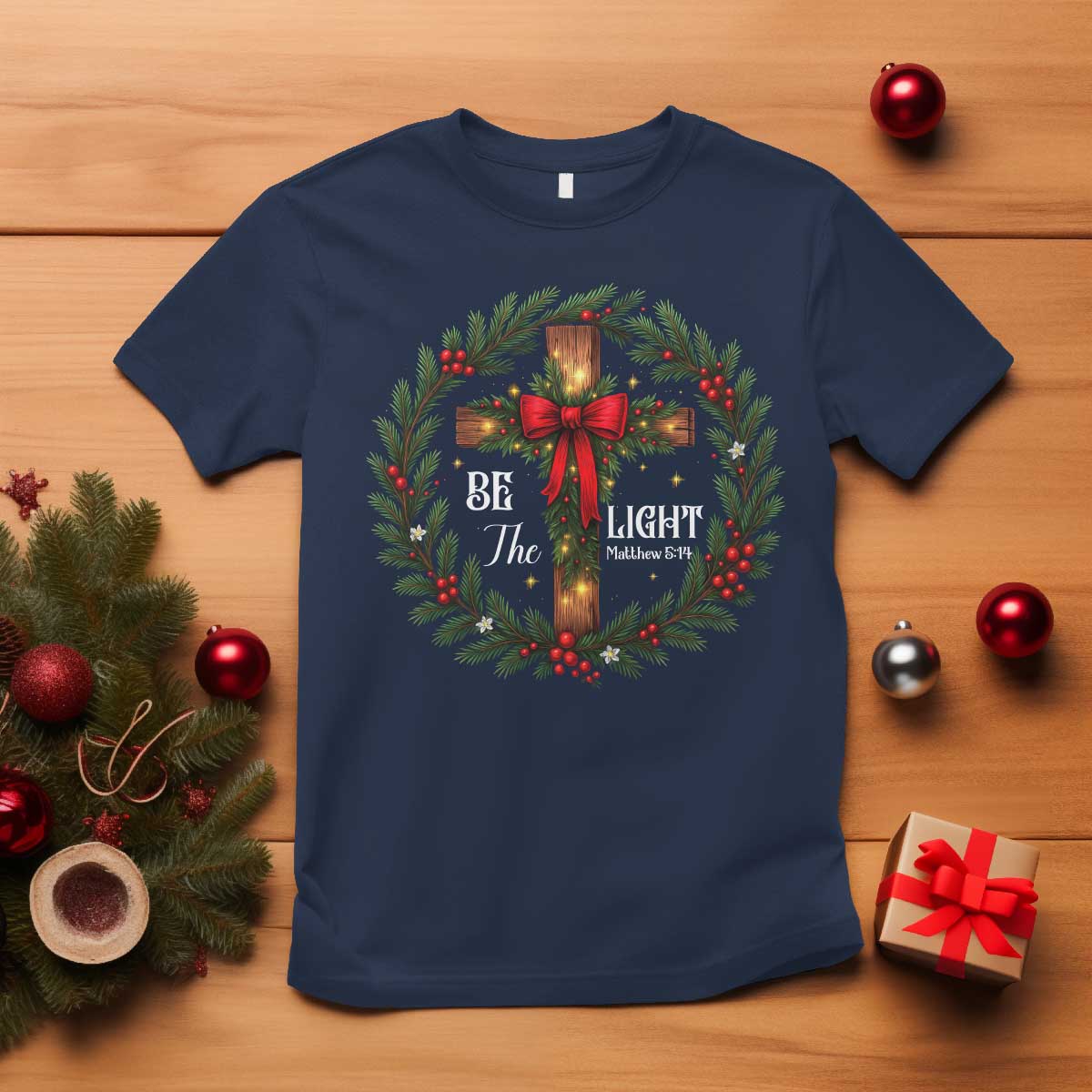 Christmas Be The Light T Shirt Christian Xmas Holiday Wreath Cross - Wonder Print Shop