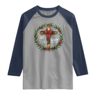 Christmas Be The Light Raglan Shirt Christian Xmas Holiday Wreath Cross - Wonder Print Shop
