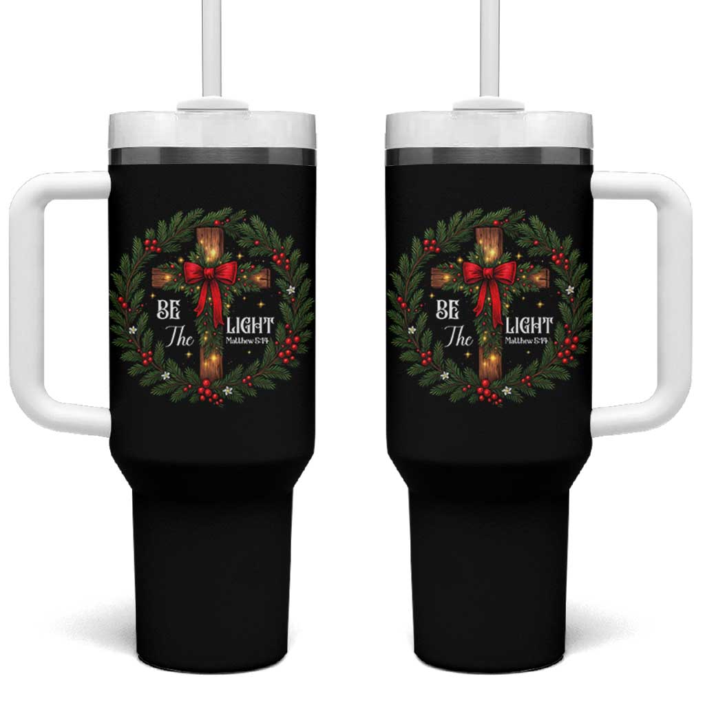 Christmas Be The Light Tumbler With Handle Christian Xmas Holiday Wreath Cross - Wonder Print Shop
