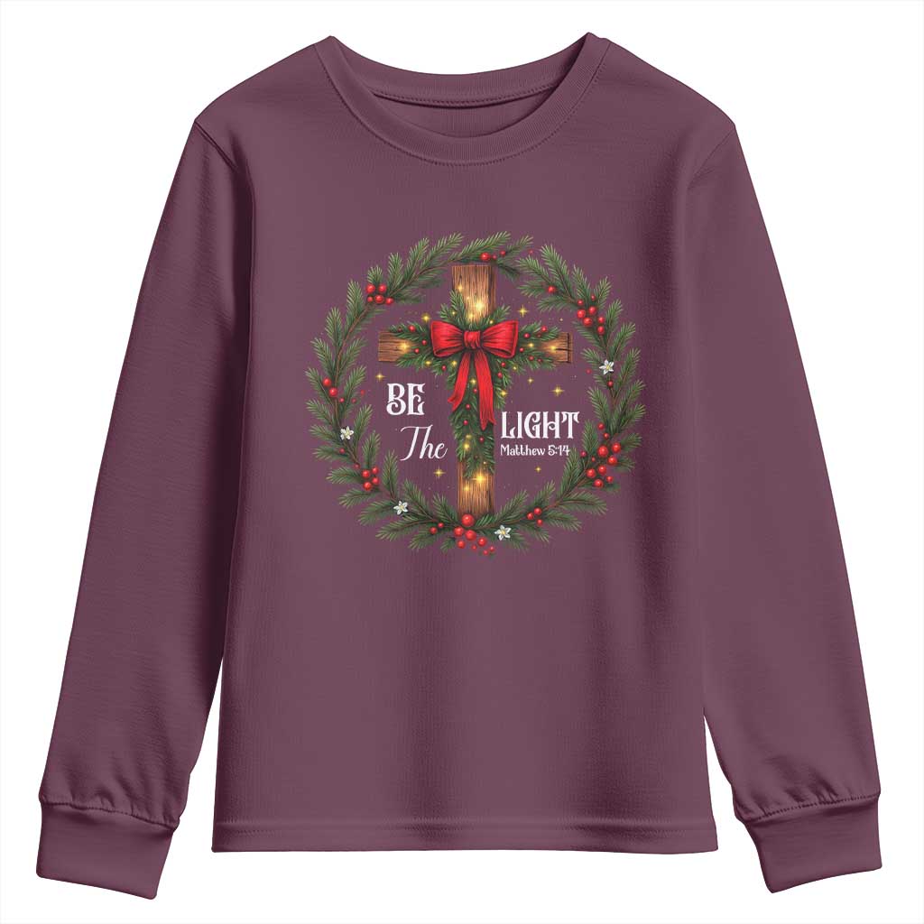 Christmas Be The Light Youth Sweatshirt Christian Xmas Holiday Wreath Cross - Wonder Print Shop