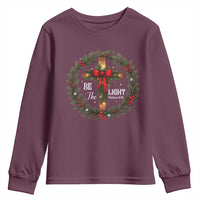 Christmas Be The Light Youth Sweatshirt Christian Xmas Holiday Wreath Cross - Wonder Print Shop