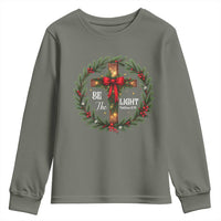Christmas Be The Light Youth Sweatshirt Christian Xmas Holiday Wreath Cross - Wonder Print Shop