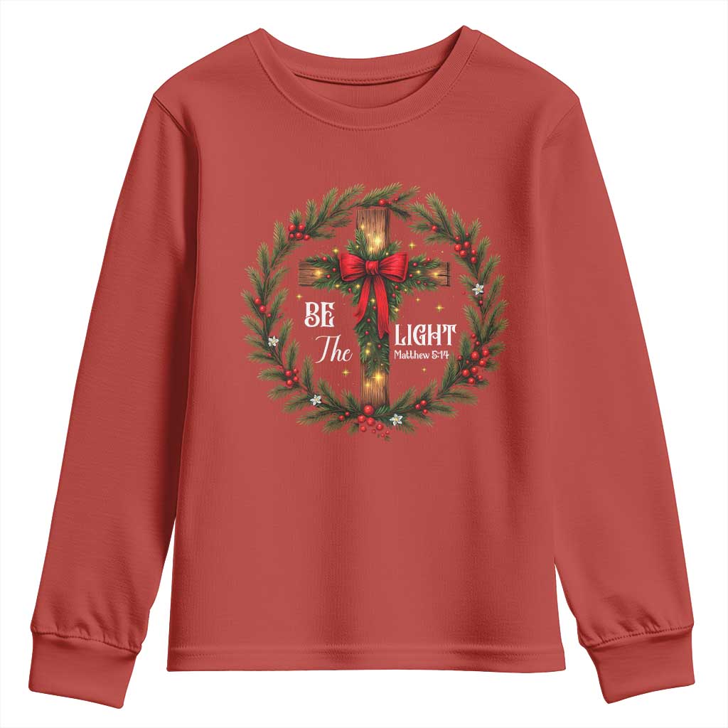 Christmas Be The Light Youth Sweatshirt Christian Xmas Holiday Wreath Cross - Wonder Print Shop