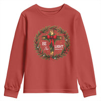 Christmas Be The Light Youth Sweatshirt Christian Xmas Holiday Wreath Cross - Wonder Print Shop