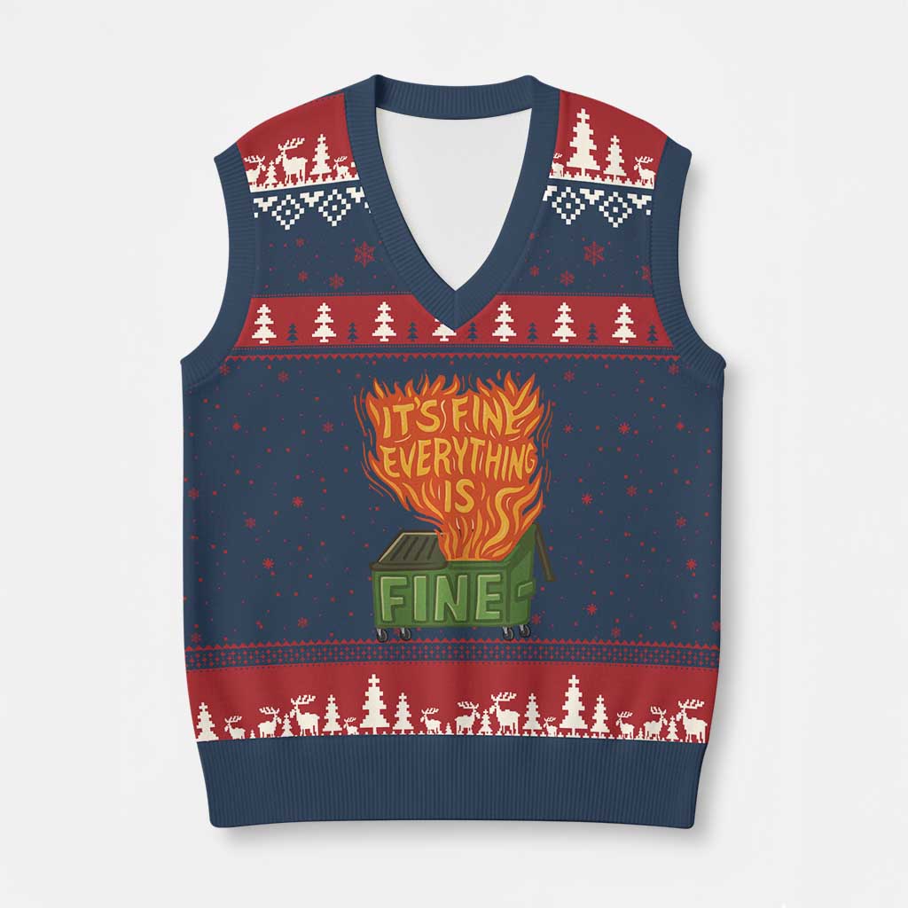 Funny Dumpster Fire V-Neck Knit Sweater Vest Its Fine Everything Is Fine Chaos - Wonder Print Shop