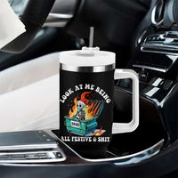 Funny Christmas Dumpster Fire Skeleton 2025 Tumbler With Handle Look At Me Being All Festive And Shit - Wonder Print Shop