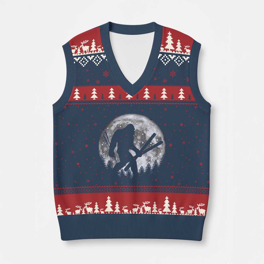 Funny Skiing Bigfoot Ski Winter Sport Moon V-Neck Knit Sweater Vest - Wonder Print Shop