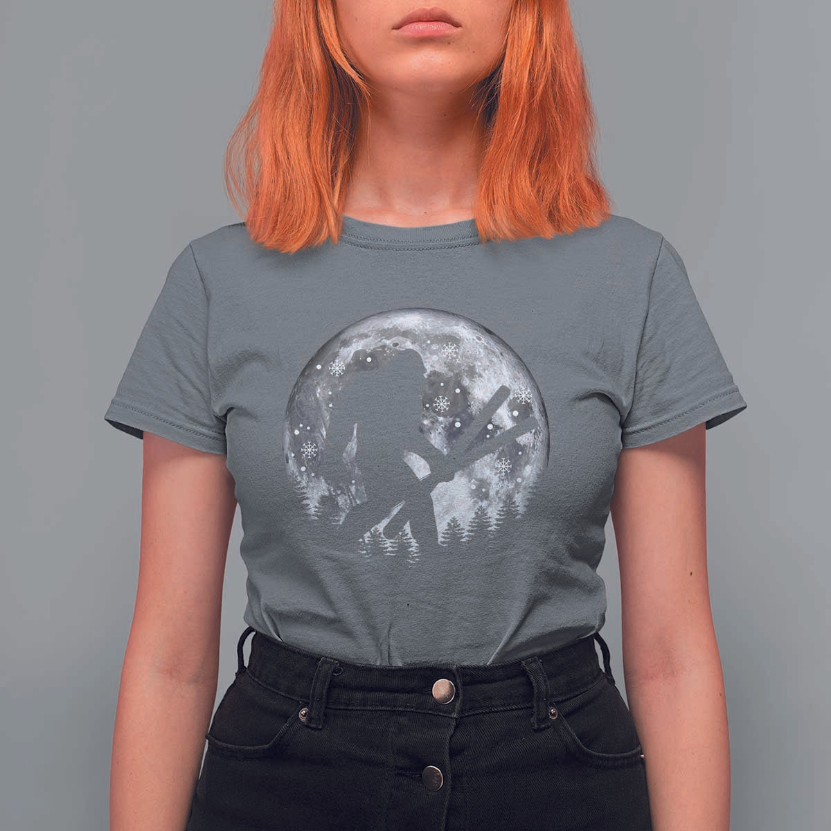 Funny Skiing Bigfoot Ski Winter Sport Moon T Shirt For Women - Wonder Print Shop