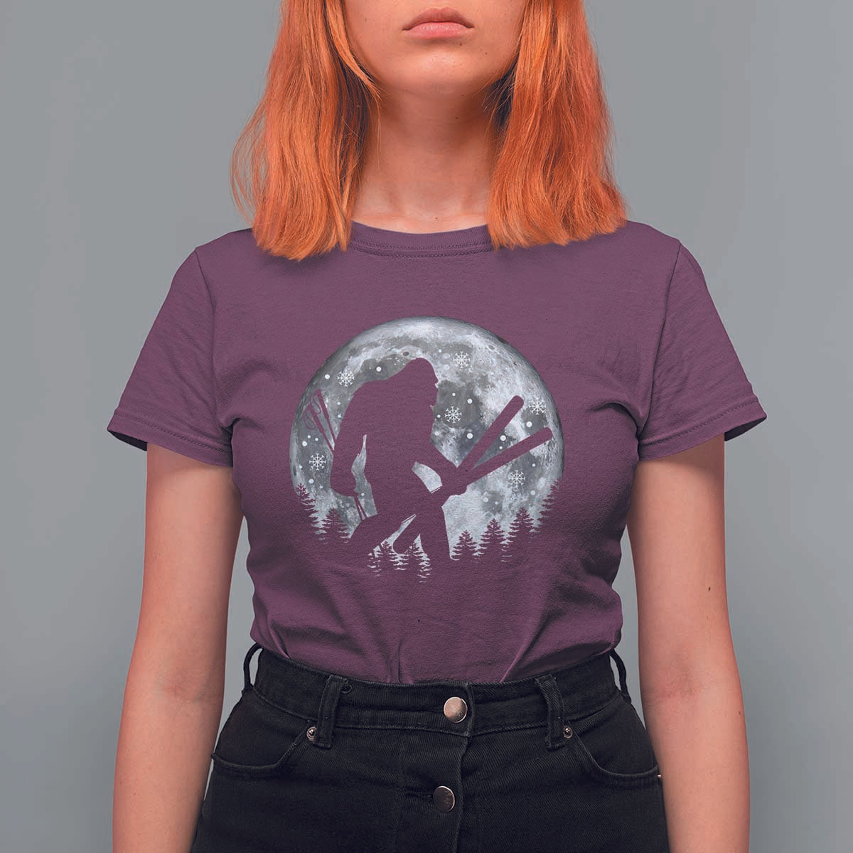 Funny Skiing Bigfoot Ski Winter Sport Moon T Shirt For Women - Wonder Print Shop