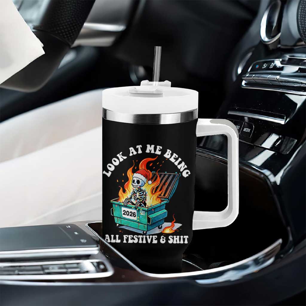 Funny Christmas Dumpster Fire Skeleton 2026 Tumbler With Handle Look At Me Being All Festive And Shit - Wonder Print Shop