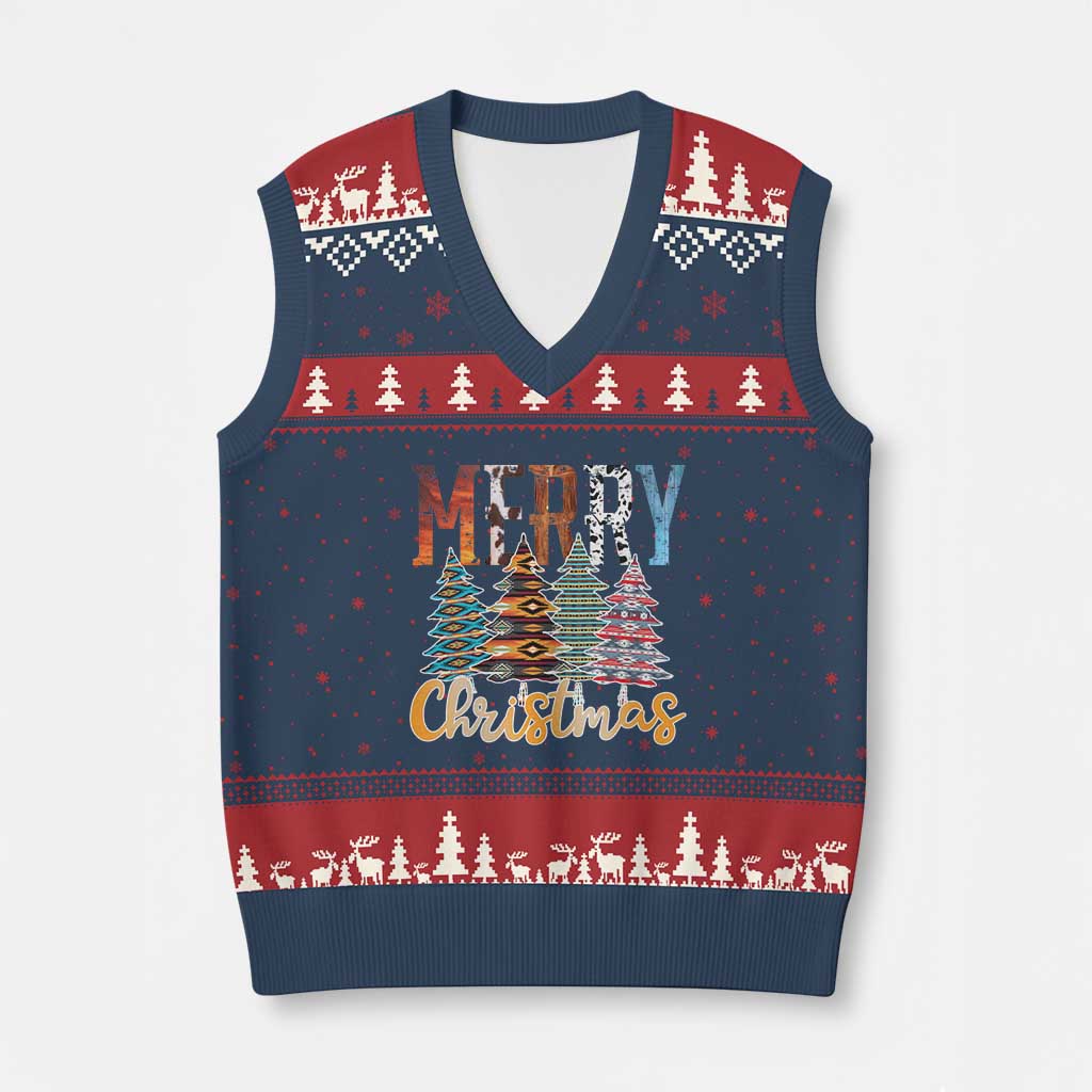 Merry Xmas Native American Xmas Tree V-Neck Knit Sweater Vest - Wonder Print Shop