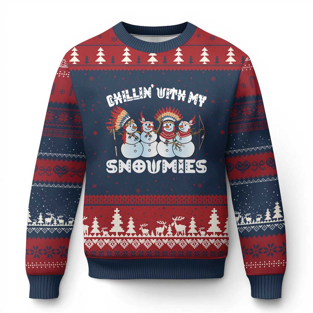 Funny Xmas Native American Ugly Christmas Sweater Chillin' With My Snowmies Snowman Tribes - Wonder Print Shop