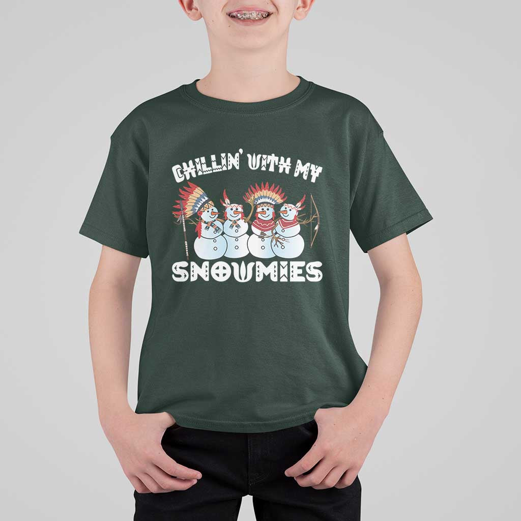 Funny Christmas Native American T Shirt For Kid Chillin' With My Snowmies Snowman Tribes - Wonder Print Shop