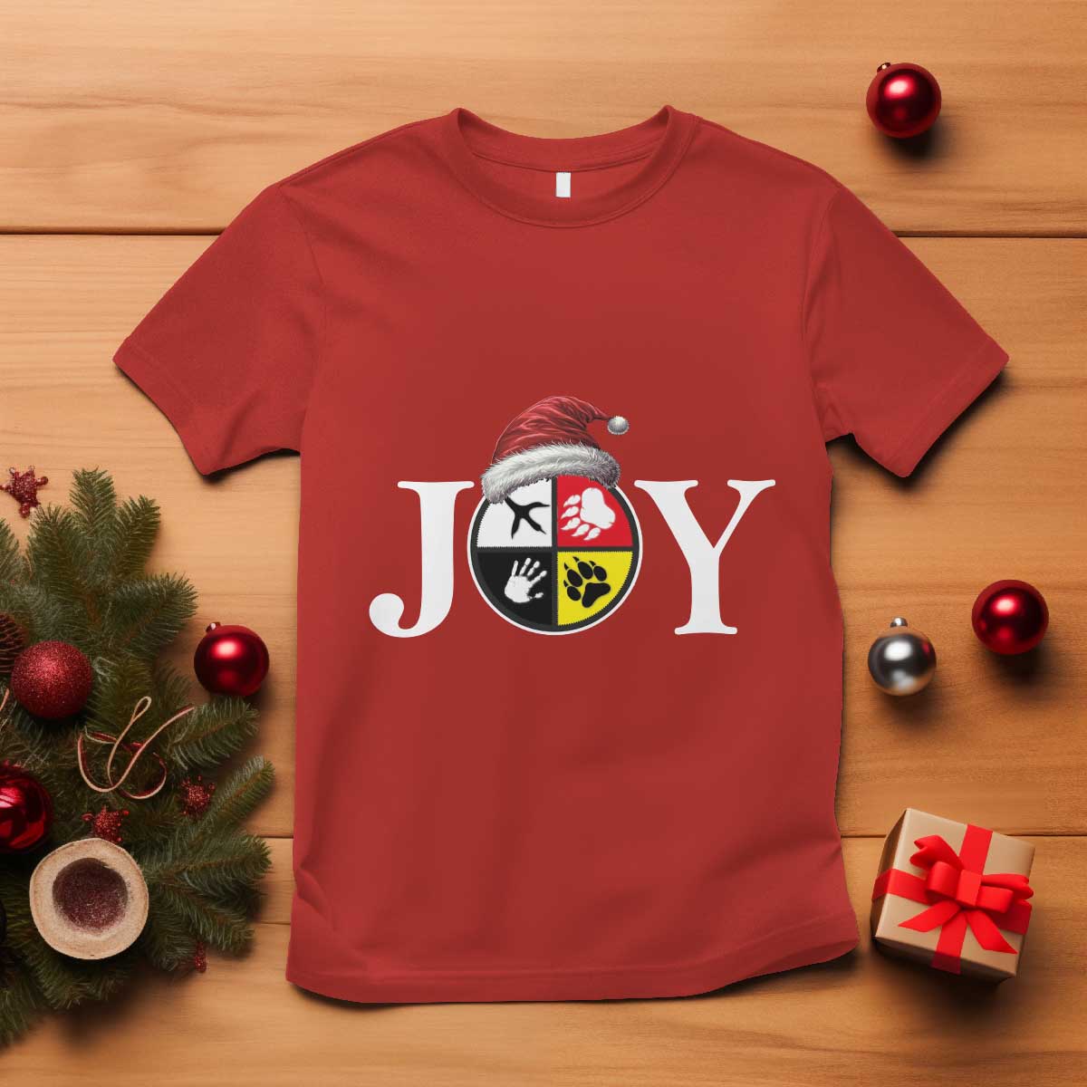 Christmas Native American Joy Medicine Wheel Santa Hat T Shirt - Wonder Print Shop