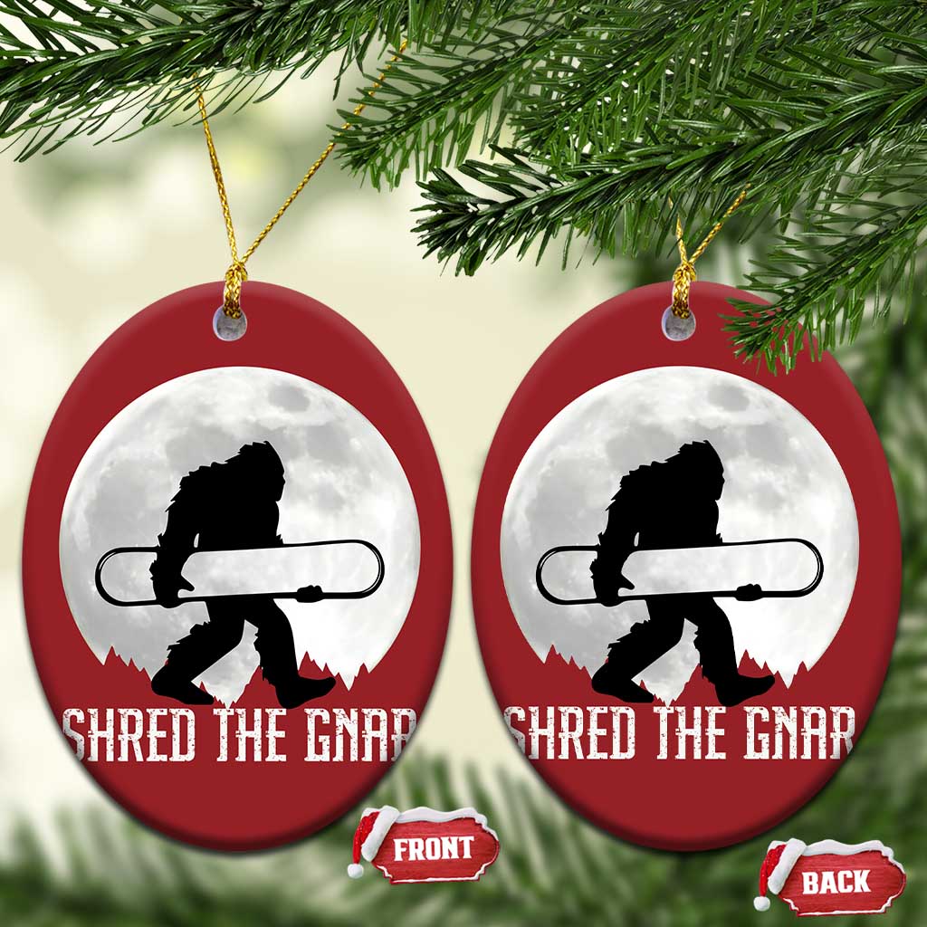 Funny Bigfoot Snowboarding Christmas Ornament Shred The Gnar Moon Snowboard - Wonder Print Shop