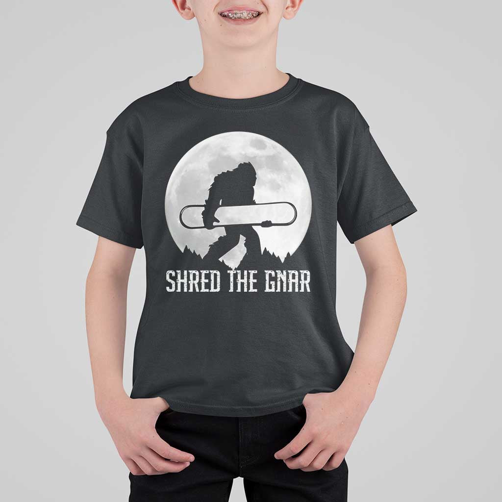 Funny Bigfoot Snowboarding T Shirt For Kid Shred The Gnar Moon Snowboard - Wonder Print Shop