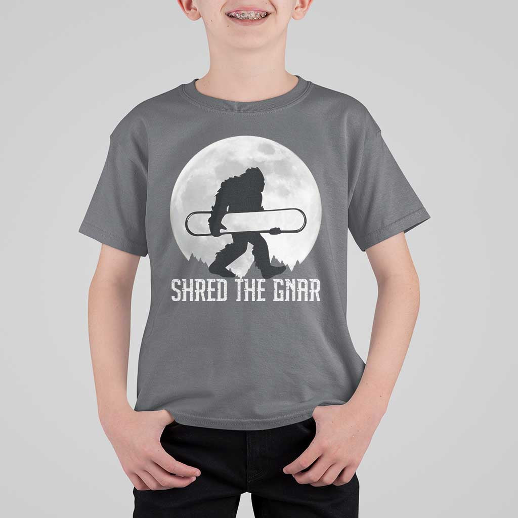 Funny Bigfoot Snowboarding T Shirt For Kid Shred The Gnar Moon Snowboard - Wonder Print Shop