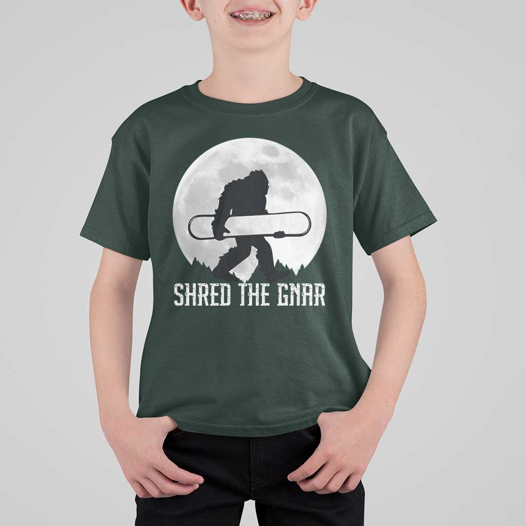Funny Bigfoot Snowboarding T Shirt For Kid Shred The Gnar Moon Snowboard - Wonder Print Shop